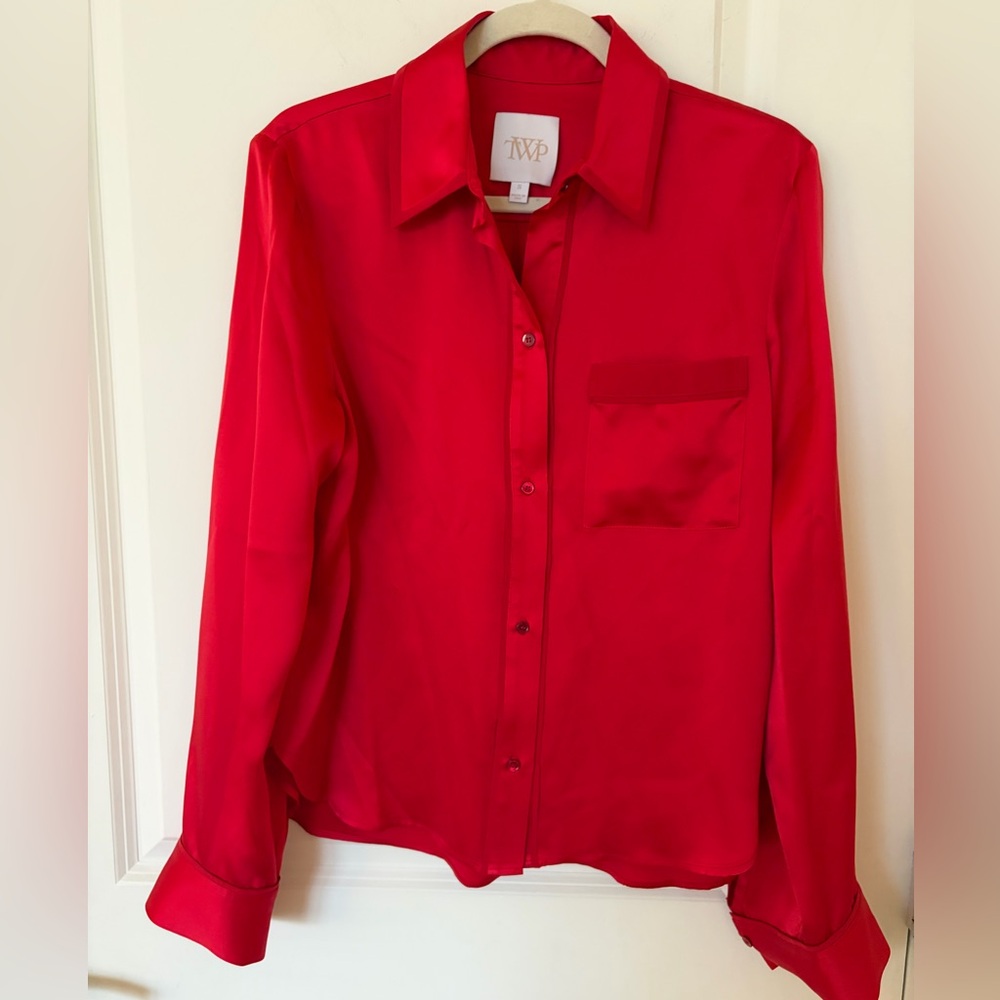 TWP Classic Red Satin Button-Down Blouse